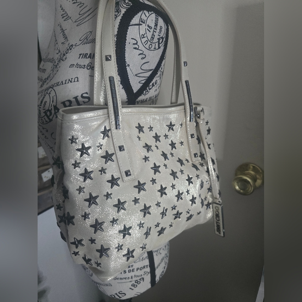 Jimmy Choo Cream Shimmer Star-Studded Nylon W/ Suade Shoulder Bag (EUC)COA CARD✨ - Picture 3 of 14